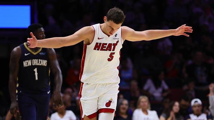 Miami Heat forward Nikola Jovic (5) reacts (Mandatory Credit: Sam Navarro-Imagn Images)