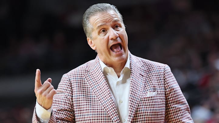 Arkansas Razorbacks coach John Calipari reacts during the second half against the Fresno State Bulldogs at Simmons Bank Arena. Arkansas Razorbacks coach John Calipari reacts during the second half against the Fresno State Bulldogs at Simmons Bank Arena.