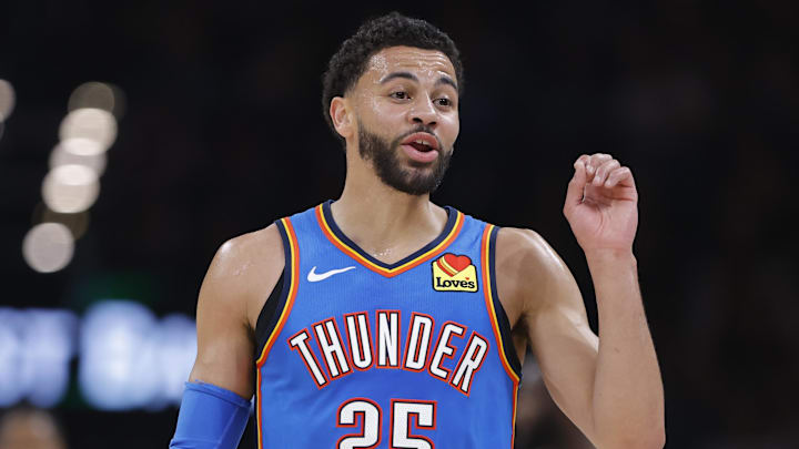 Mar 9, 2026; Oklahoma City, Oklahoma, USA; Oklahoma City Thunder guard Ajay Mitchell (25) talks to the bench after a play against the Denver Nuggets during the second quarter at Paycom Center. Mandatory Credit: Alonzo Adams-Imagn Images Mar 9, 2026; Oklahoma City, Oklahoma, USA; Oklahoma City Thunder guard Ajay Mitchell (25) talks to the bench after a play against the Denver Nuggets during the second quarter at Paycom Center. Mandatory Credit: Alonzo Adams-Imagn Images