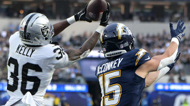 Nov 30, 2025; Inglewood, California, USA; Las Vegas Raiders cornerback Kyu Blu Kelly (36) intercepts a pass from Los Angeles Chargers wide receiver Ladd McConkey (15) during the first half at SoFi Stadium. Mandatory Credit: Jayne Kamin-Oncea-Imagn Images Nov 30, 2025; Inglewood, California, USA; Las Vegas Raiders cornerback Kyu Blu Kelly (36) intercepts a pass from Los Angeles Chargers wide receiver Ladd McConkey (15) during the first half at SoFi Stadium. Mandatory Credit: Jayne Kamin-Oncea-Imagn Images