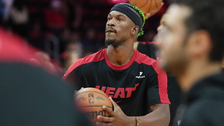Jan 2, 2025; Miami, Florida, USA; Miami Heat forward Jimmy Butler (22) warms-up before the game against the Indiana Pacers at Kaseya Center. Mandatory Credit: Jim Rassol-Imagn Images Jan 2, 2025; Miami, Florida, USA; Miami Heat forward Jimmy Butler (22) warms-up before the game against the Indiana Pacers at Kaseya Center. Mandatory Credit: Jim Rassol-Imagn Images