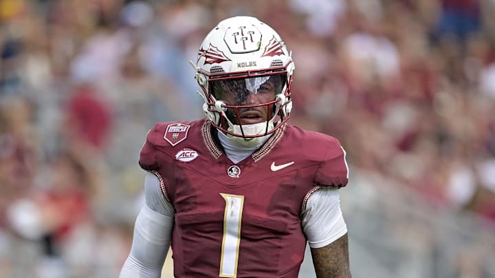 Sep 20, 2025; Tallahassee, Florida, USA; Florida State Seminoles quarterback Thomas Castellanos (1) during the first half against the Kent State Golden Flashes at Doak S. Campbell Stadium. Mandatory Credit: Melina Myers-Imagn Images
