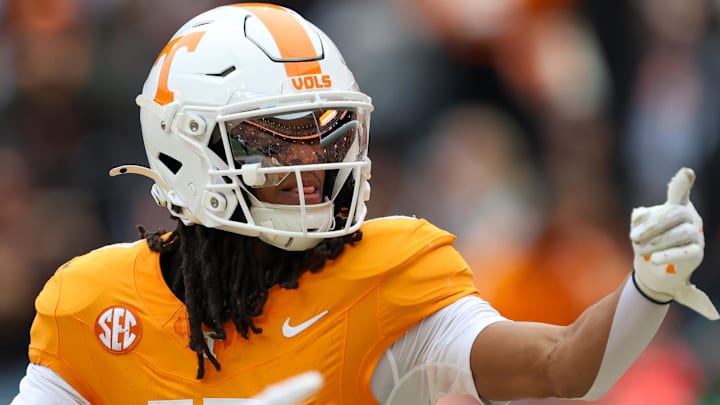 Nov 29, 2025; Knoxville, Tennessee, USA;  Tennessee Volunteers wide receiver Chris Brazzell II (17) celebrates a touchdown against the Vanderbilt Commodores during the first half at Neyland Stadium. Mandatory Credit: Randy Sartin-Imagn Images