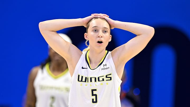 Sep 11, 2025; Arlington, Texas, USA; Dallas Wings guard Paige Bueckers (5) reacts to a call during the first half against the Phoenix Mercury at College Park Center. Mandatory Credit: Jerome Miron-Imagn Images Sep 11, 2025; Arlington, Texas, USA; Dallas Wings guard Paige Bueckers (5) reacts to a call during the first half against the Phoenix Mercury at College Park Center. Mandatory Credit: Jerome Miron-Imagn Images