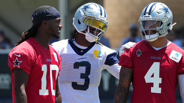 Dallas Cowboys quarterback Joe Milton III, George Pickens and Dak Prescott during training camp at River Ridge Playing Fields. Dallas Cowboys quarterback Joe Milton III, George Pickens and Dak Prescott during training camp at River Ridge Playing Fields.