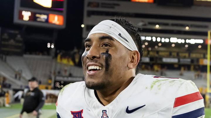 Nov 28, 2025; Tempe, Arizona, USA; Arizona Wildcats quarterback Noah Fifita (1) after defeating the Arizona State Sun Devils in the 99th Territorial Cup at Mountain America Stadium. Mandatory Credit: Mark J. Rebilas-Imagn Images