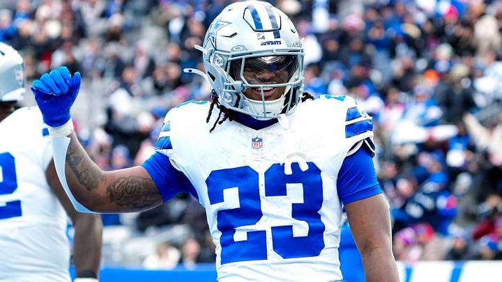 Dallas Cowboys running back Jaydon Blue celebrates after scoring a touchdown against the New York Giants. Dallas Cowboys running back Jaydon Blue celebrates after scoring a touchdown against the New York Giants.