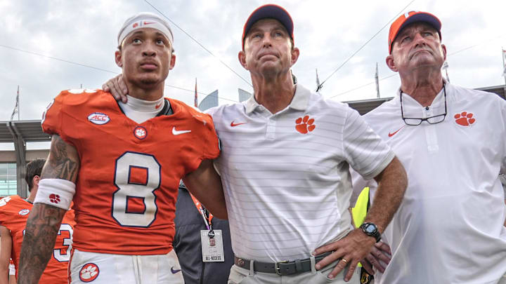 Sep 20, 2025; Clemson, South Carolina, USA; Clemson Tigers cornerback Avieon Terrell (8) stands with head coach Dabo Swinney after losing to the Syracuse Orange at Memorial Stadium. Mandatory Credit: Ken Ruinard/GREENVILLE NEWS-USA TODAY Network via Imagn Images