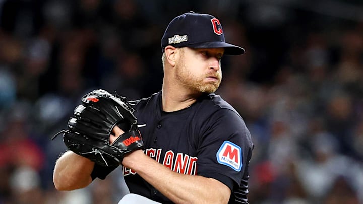 Oct 14, 2024; Bronx, New York, USA; Cleveland Guardians pitcher Alex Cobb (35) pitches during the second inning against the New York Yankees in game one of the ALCS for the 2024 MLB Playoffs at Yankee Stadium.
