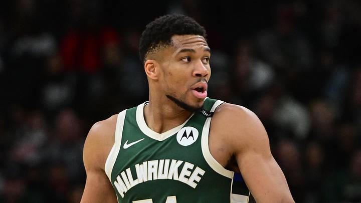 Apr 1, 2025; Milwaukee, Wisconsin, USA;  Milwaukee Bucks forward Giannis Antetokounmpo (34) reacts in the second quarter against the Phoenix Suns at Fiserv Forum. Mandatory Credit: Benny Sieu-Imagn Images