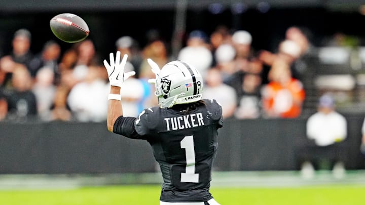 Oct 12, 2025; Paradise, Nevada, USA; Las Vegas Raiders wide receiver Tre Tucker (1) makes a catch during the first half against the Tennessee Titans at Allegiant Stadium. Mandatory Credit: Stephen R. Sylvanie-Imagn Images
