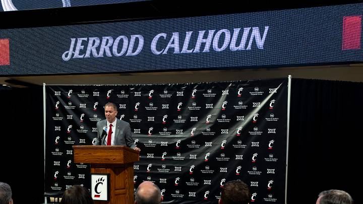 Cincinnati head coach Jerrod Calhoun speaks during a press conference announcing him as the head men's basketball coach at Fifth Third Arena in Cincinnati on Wednesday, March 25, 2026. Cincinnati head coach Jerrod Calhoun speaks during a press conference announcing him as the head men's basketball coach at Fifth Third Arena in Cincinnati on Wednesday, March 25, 2026.