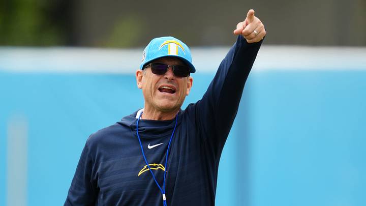Los Angeles Chargers coach Jim Harbaugh reacts during organized team activities at the Hoag Performance Center. Mandatory Credit: Kirby Lee-USA TODAY Sports