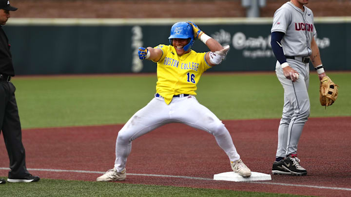 Boston College baseball shortstop Julio Solier celebrates a triple against UConn on April 15, 2026. Boston College baseball shortstop Julio Solier celebrates a triple against UConn on April 15, 2026.