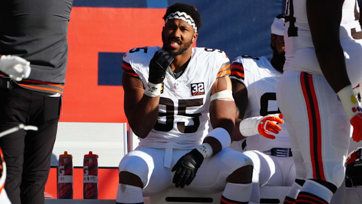 Nov 26, 2023; Denver, Colorado, USA; Cleveland Browns defensive end Myles Garrett (95) sits on the
