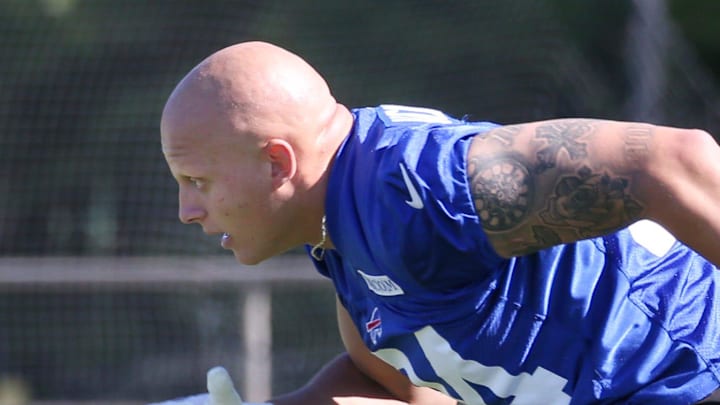 Bills defensive edge Landon Jackson sprints off the line as he works out during the opening day of Buffalo Bills training camp at St. John Fisher University Wednesday, July 23, 2025 in Pittsford. Bills defensive edge Landon Jackson sprints off the line as he works out during the opening day of Buffalo Bills training camp at St. John Fisher University Wednesday, July 23, 2025 in Pittsford.