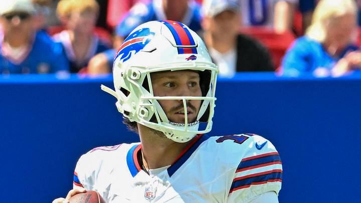 Aug 15, 2026; Orchard Park, New York, USA; Buffalo Bills quarterback Josh Allen (17) sets to throw a pass in the first quarter against the Carolina Panthers at the New Highmark Stadium. Mandatory Credit: Mark Konezny-Imagn Images