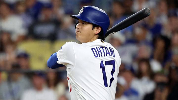 Jul 29, 2026; Los Angeles, California, USA;  Los Angeles Dodgers two-way player Shohei Ohtani (17) hits an RBI double during the sixth inning against the Seattle Mariners at Dodger Stadium. Mandatory Credit: Kiyoshi Mio-Imagn Images