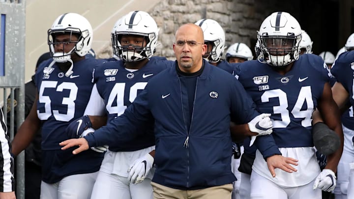 Nov 30, 2019; University Park, PA, USA; Penn State Nittany Lions head coach James Franklin leads his team out of the tunnel prior to taking the field against the Rutgers Scarlet Knights at Beaver Stadium. Mandatory Credit: Matthew O'Haren-Imagn Images