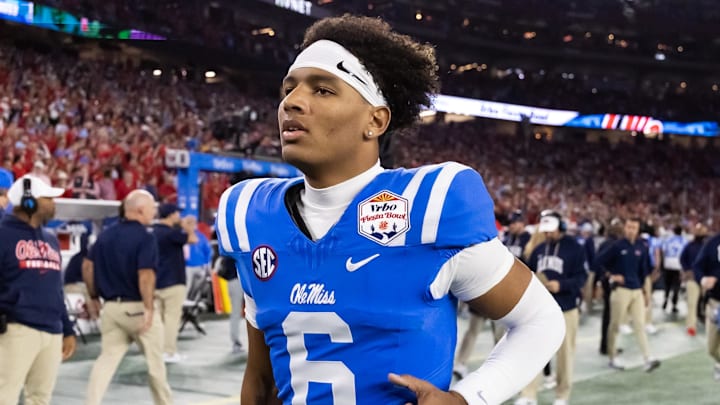 Jan 8, 2026; Glendale, AZ, USA; Mississippi Rebels quarterback Trinidad Chambliss (6) against the Miami Hurricanes during the 2026 Fiesta Bowl and semifinal game of the College Football Playoff at State Farm Stadium. Mandatory Credit: Mark J. Rebilas-Imagn Images