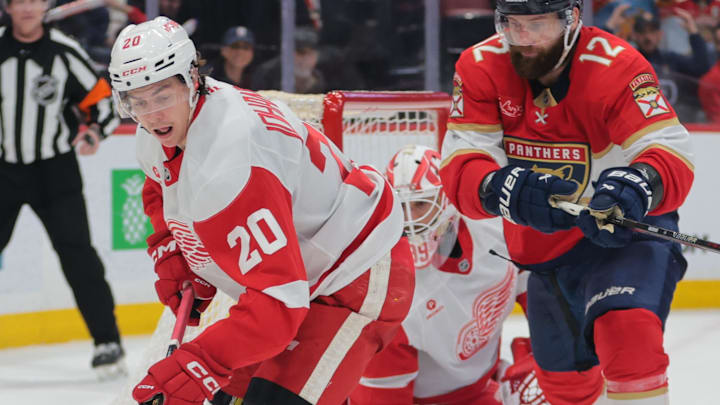 Apr 10, 2025; Sunrise, Florida, USA; Detroit Red Wings defenseman Albert Johansson (20) moves the puck ahead of Florida Panthers left wing Jonah Gadjovich (12) during the third period at Amerant Bank Arena. Mandatory Credit: Sam Navarro-Imagn Images