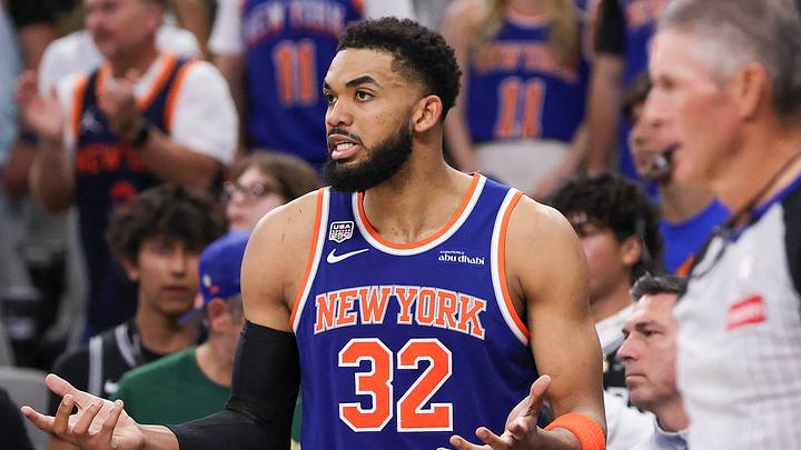 Jun 13, 2026; San Antonio, Texas, USA; New York Knicks center Karl-Anthony Towns (32) reacts to a call during the third quarter during game five of the 2026 NBA Finals at Frost Bank Center. Mandatory Credit: Geoff Burke-Imagn Images Jun 13, 2026; San Antonio, Texas, USA; New York Knicks center Karl-Anthony Towns (32) reacts to a call during the third quarter during game five of the 2026 NBA Finals at Frost Bank Center. Mandatory Credit: Geoff Burke-Imagn Images