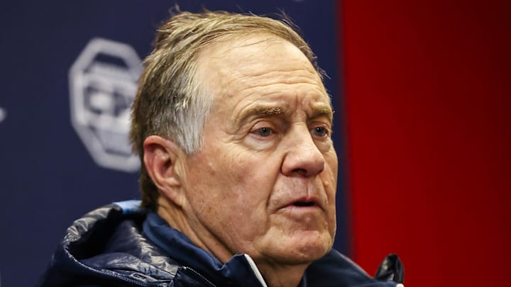 Nov 29, 2025; Raleigh, North Carolina, USA;  North Carolina Tar Heels head coach Bill Belichick addresses the media after the second half of the game against NC State Wolfpack at Carter-Finley Stadium.  Mandatory Credit: Jaylynn Nash-Imagn Images