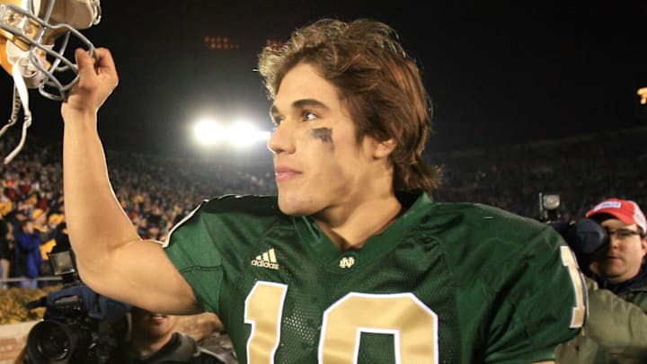 Nov. 18, 2006; South Bend, IN, USA; Notre Dame Fighting Irish quarterback (10) Brady Quinn salutes the fans following the 41-9 victory over the Army Black Knights at Notre Dame Stadium. 