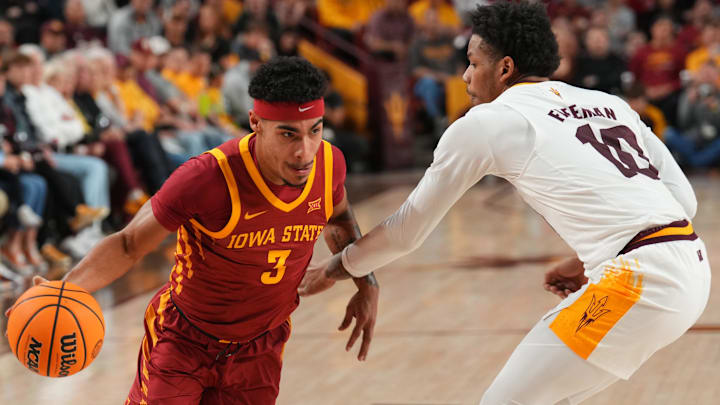 Jan 25, 2025; Tempe, Arizona, USA; Iowa State Cyclones guard Tamin Lipsey (3) dribbles against Arizona State Sun Devils guard BJ Freeman (10) during the second half at Desert Financial Arena.