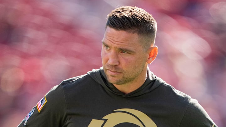 November 9, 2025; Santa Clara, California, USA; Los Angeles Rams defensive coordinator Chris Shula before the game against the San Francisco 49ers at Levi's Stadium. Mandatory Credit: Kyle Terada-Imagn Images