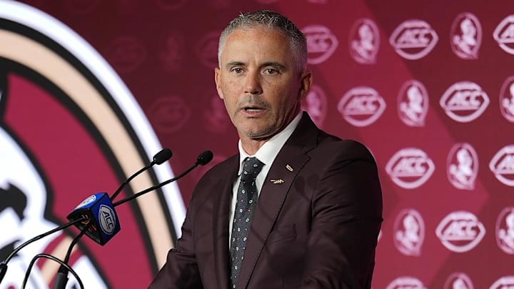 Jul 23, 2025; Charlotte, NC, USA; Florida State head coach Mike Norvell answers questions from the media during ACC Media days at Hilton Charlotte Uptown. Mandatory Credit: Jim Dedmon-Imagn Images