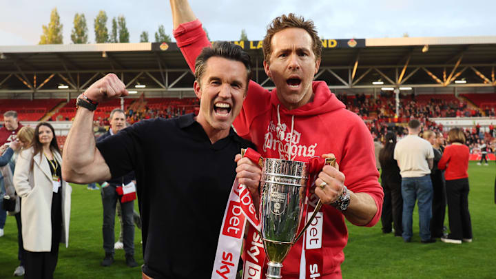 Co-owners Rob McElhenney (left) and Ryan Reynolds were at the STōK Cae Ras on Wrexham's historic day.