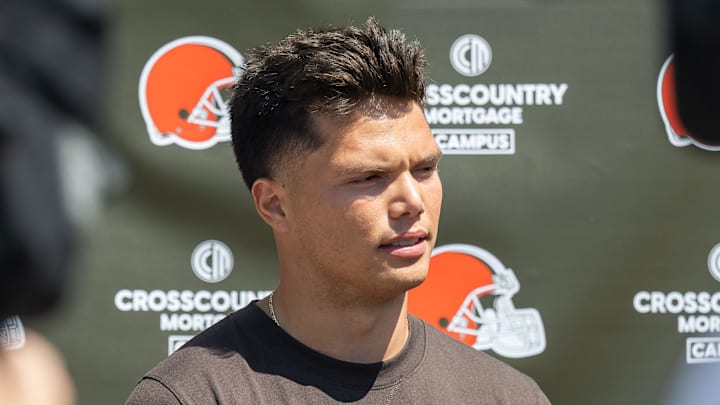 May 10, 2025; Berea, OH, USA; Cleveland Browns quarterback Dillon Gabriel (5) talks to the media during rookie minicamp at CrossCountry Mortgage Campus. Mandatory Credit: Ken Blaze-Imagn Images