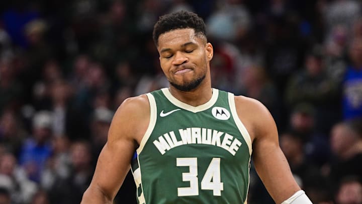 Milwaukee Bucks forward Giannis Antetokounmpo (34) reacts after missing a shot late in the fourth quarter against the Sacramento Kings at Fiserv Forum on November 1, 2025.