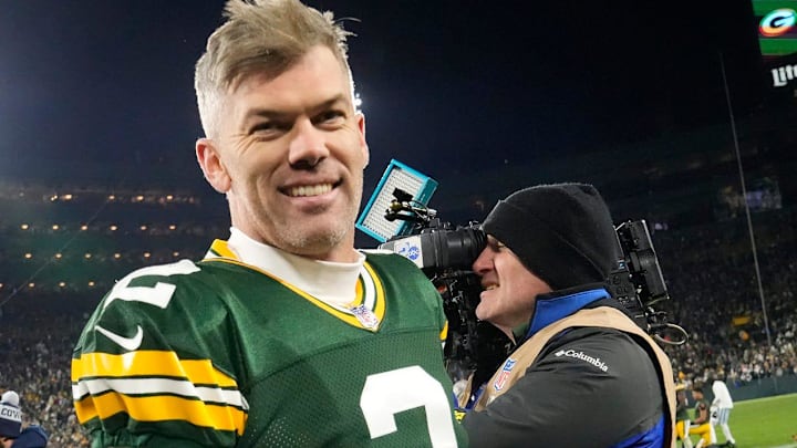 Green Bay Packers place kicker Mason Crosby (2) is all smiles after kicking the game winning field goal after their 31-28 overtime win against the Dallas Cowboys on Sunday, Nov. 13, 2022 at Lambeau Field in Green Bay.
