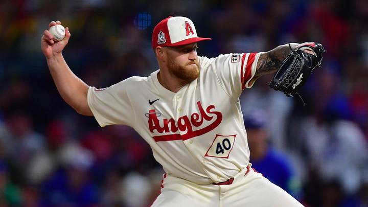 Los Angeles Angels pitcher Sam Bachman (40) throws