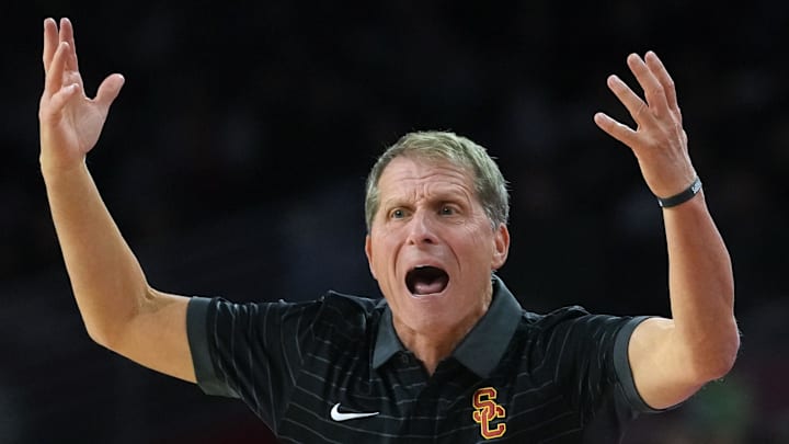 Jan 13, 2026; Los Angeles, California, USA; Southern California Trojans head coach Eric Musselman reacts against the Maryland Terrapins in the first half at Galen Center. Mandatory Credit: Kirby Lee-Imagn Images