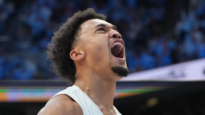 Feb 23, 2026; Chapel Hill, North Carolina, USA; North Carolina Tar Heels guard Seth Trimble (7) reacts after scoring in the second half at Dean E. Smith Center. Mandatory Credit: Bob Donnan-Imagn Images Feb 23, 2026; Chapel Hill, North Carolina, USA; North Carolina Tar Heels guard Seth Trimble (7) reacts after scoring in the second half at Dean E. Smith Center. Mandatory Credit: Bob Donnan-Imagn Images