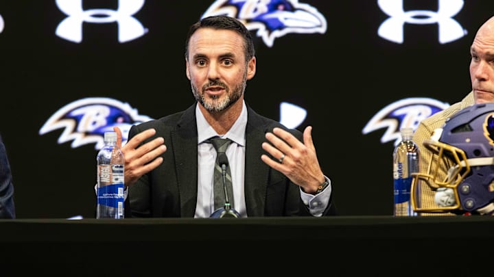 Jan 29, 2026; Owings Mills, MD, USA; Jesse Minter and Eric DeCosta at press conference at Under Armour Performance Center. Mandatory Credit: Lexi Thompson-Imagn Images