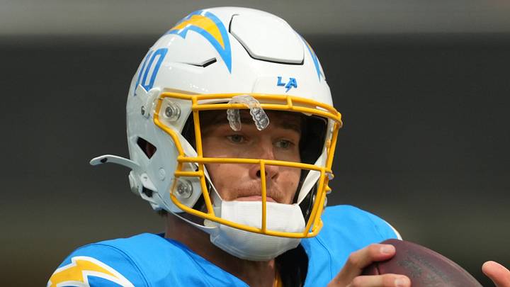Sep 20, 2026; Inglewood, California, USA;  Los Angeles Chargers quarterback Justin Herbert (10) looks to throw against the Las Vegas Raiders during the first half at SoFi Stadium.  Mandatory Credit: Kirby Lee-Imagn Images