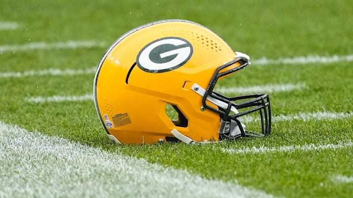 Oct 13, 2024; Green Bay, Wisconsin, USA;  General view of an Green Bay Packers helmet prior to the game against the Arizona Cardinals at Lambeau Field. Mandatory Credit: Jeff Hanisch-Imagn Images