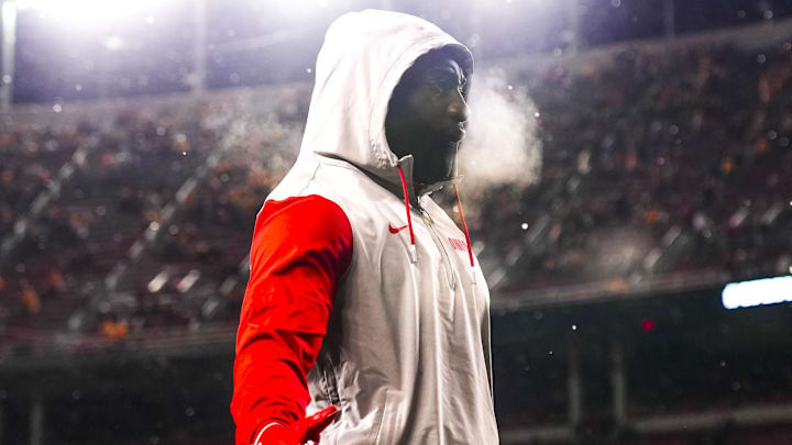 Dec 21, 2024; Columbus, Ohio, USA;  Ohio State Buckeyes cornerback Calvin Simpson-Hunt (22) stands on the field before the game against the Tennessee Volunteers at Ohio Stadium. Mandatory Credit: Samantha Madar/USA Today Network via Imagn Images