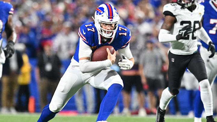 Buffalo Bills quarterback Josh Allen runs for a first down against the Jacksonville Jaguars.