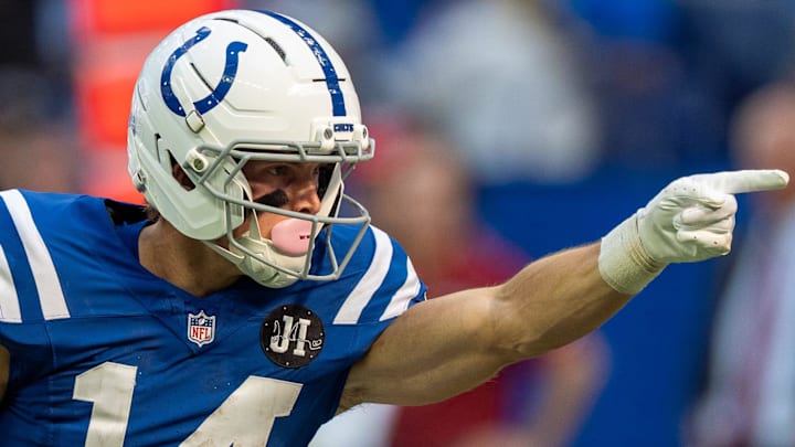Indianapolis Colts wide receiver Alec Pierce (14) signals a first down after a catch Sunday, Oct. 12, 2025, against the Arizona Cardinals at Lucas Oil Stadium in Indianapolis.