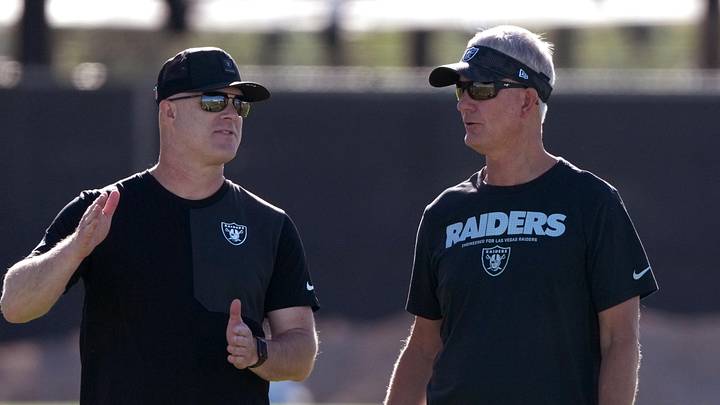 Jun 9, 2026; Henderson, NV, USA; Las Vegas Raiders offensive pass coordinator Nick Holz (left) and assistant head coach Mike McCoy during minicamp at Intermountain Health Performance Center. Mandatory Credit: Kirby Lee-Imagn Images Jun 9, 2026; Henderson, NV, USA; Las Vegas Raiders offensive pass coordinator Nick Holz (left) and assistant head coach Mike McCoy during minicamp at Intermountain Health Performance Center. Mandatory Credit: Kirby Lee-Imagn Images