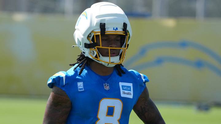 Jul 30, 2026; El Segundo, CA, USA; Los Angeles Chargers running back Omarion Hampton (8)  holds the ball at training camp at The Bolt. Mandatory Credit: Kirby Lee-Imagn Images