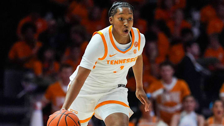 Tennessee guard Nya Robertson (1) dribbles the ball during a NCAA exhibition game between the Tennessee Lady Vols and Columbus State Cougars at Thompson-Boling Arena at Food City Center in Knoxville, Tennessee on Oct. 29, 2025.