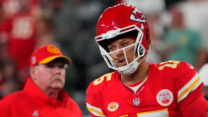 Oct 1, 2023; East Rutherford, New Jersey, USA; Kansas City Chiefs quarterback Patrick Mahomes (15) and Kansas City Chiefs head coach Andy Reid pre game against the Jets at MetLife Stadium. Mandatory Credit: Robert Deutsch-Imagn Images