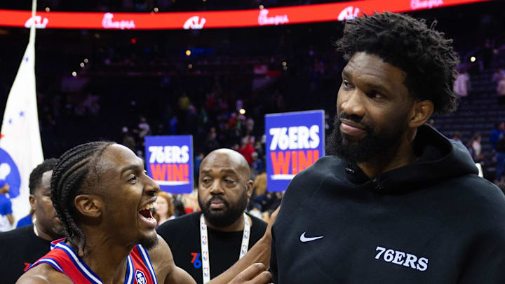 Philadelphia 76ers guard Tyrese Maxey reacts with injured Joel Embiid. Philadelphia 76ers guard Tyrese Maxey reacts with injured Joel Embiid.