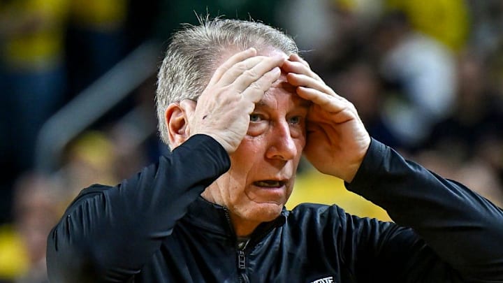 Michigan State's head coach Tom Izzo reacts after Carson Cooper is called for a foul during the second half in the game against Michigan on Sunday, March 8, 2026, at the Crisler Center in Ann Arbor.